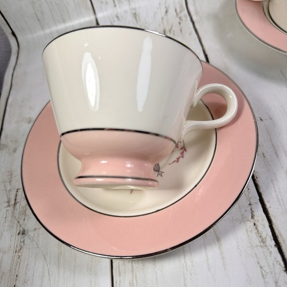 Set of 2‎ Homer Laughlin Vtg Egg Shell China Cavalier w Pink Rim Cups & Saucers - Picture 6 of 12
